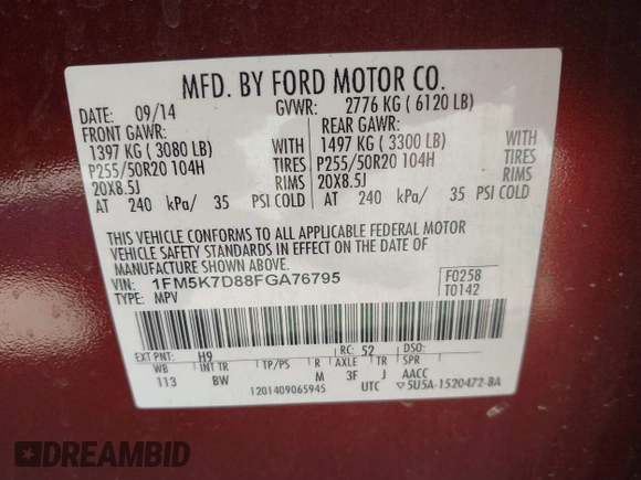 2015 Ford Explorer XLT with VIN 1FM5K7D88FGA76795, listed as a IAAI auction lot 41790439 with 143,273 mi miles and . Bid and sale history available at DreamBid. Image 9.