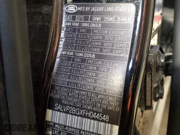 2015 Land Rover Range Rover Evoque Pure Plus with VIN SALVP2BGXFH044548, listed as a Copart auction lot 62451615 with 109,405 mi miles and Salvage title. Bid and sale history available at DreamBid. Image 14.