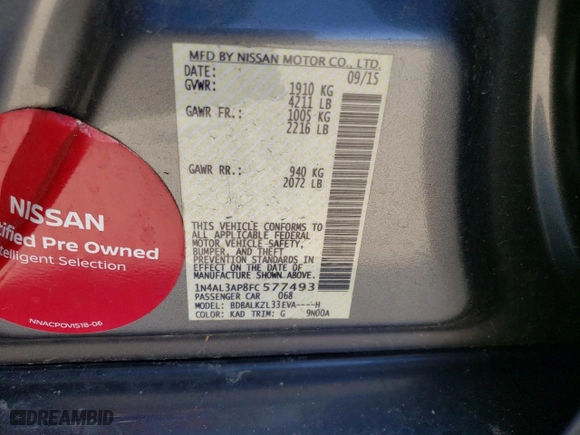 2015 Nissan Altima 2.5 SV with VIN 1N4AL3AP8FC577493, listed as a Copart auction lot 46400405 with 110,653 mi miles and Salvage Title. Bid and sale history available at carsss.com. Image 14.
