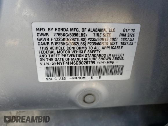 2012 Honda Pilot EX with VIN 5FNYF4H46CB026799, listed as a Copart auction lot 52144385 with 205,843 mi miles and Salvage Title. Bid and sale history available at DreamBid. Image 15.