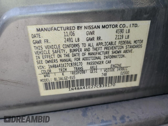 2007 Nissan Maxima 3.5 SL with VIN 1N4BA41E27C839170, listed as a Copart auction lot 48003525 with 0 mi miles and Salvage Title. Bid and sale history available at carsss.com. Image 13.