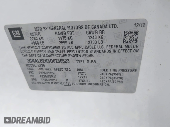 2013 Chevrolet Equinox LS z VIN 2GNALBEK3D6230623, wystawiony jako IAAI lot #42095441 z przebiegiem 88 498 mil mil oraz . Historia ofert i sprzedaży dostępna na DreamBid. Obrazek 9.