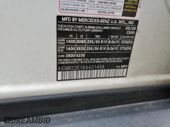 2008 Mercedes-Benz M 320 CDI with VIN 4JGBB22E18A421458, listed as a Copart auction lot 81828594 with 209,765 mi miles and Salvage Title. Bid and sale history available at carsss.com. Image 16.