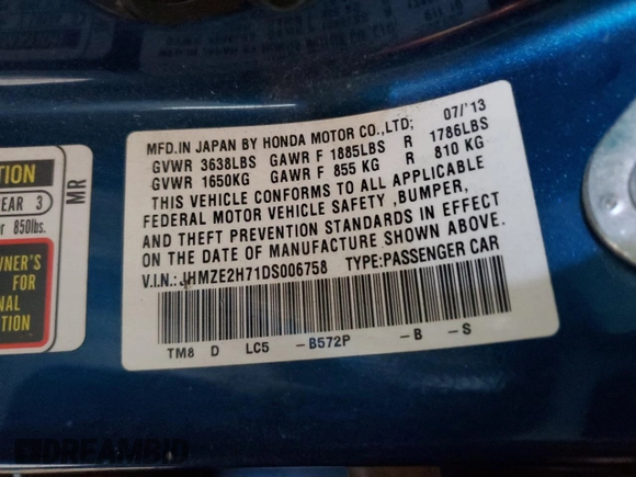 2013 Honda Insight EX with VIN JHMZE2H71DS006758, listed as a Copart auction lot 55296825 with 174,046 mi miles and Salvage title. Bid and sale history available at DreamBid. Image 13.