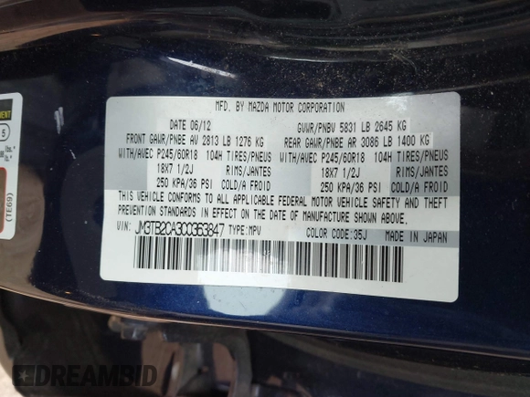 2012 Mazda CX-9 Touring with VIN JM3TB2CA3C0363847, listed as a IAAI auction lot 41536598 with 176,230 mi miles and . Bid and sale history available at carsss.com. Image 9.