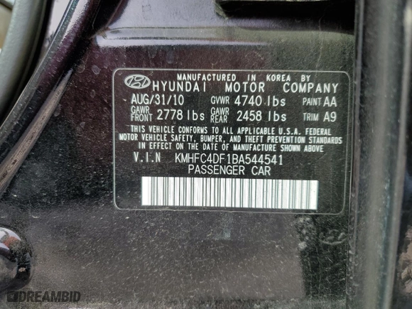 2011 Hyundai Azera Limited with VIN KMHFC4DF1BA544541, listed as a Copart auction lot 42767664 with 47,340 mi miles and Salvage Title. Bid and sale history available at carsss.com. Image 12.