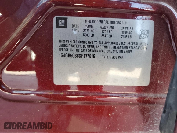 2016 Buick LaCrosse Leather with VIN 1G4GB5G38GF177016, listed as a Copart auction lot 54244435 with Not Provided miles and Salvage Title. Bid and sale history available at DreamBid. Image 13.
