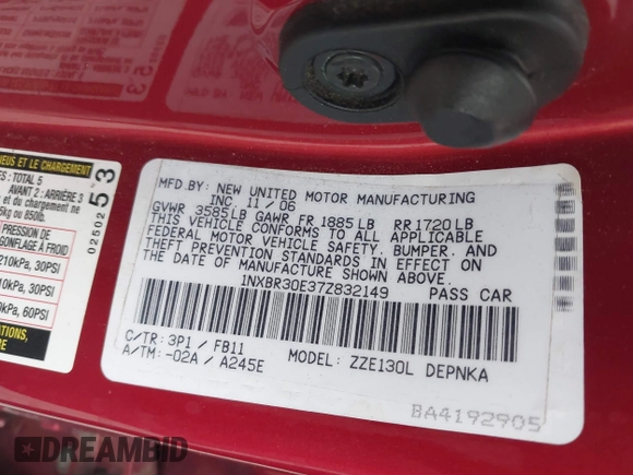 2007 Toyota Corolla CE with VIN 1NXBR30E37Z832149, listed as a IAAI auction lot 42178846 with 68,487 mi miles and . Bid and sale history available at DreamBid. Image 9.