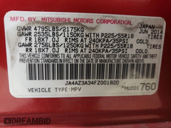 2015 Mitsubishi Outlander SE with VIN JA4AZ3A34FZ001820, listed as a Copart auction lot 53256555 with 131,124 mi miles and Salvage title. Bid and sale history available at DreamBid. Image 16.