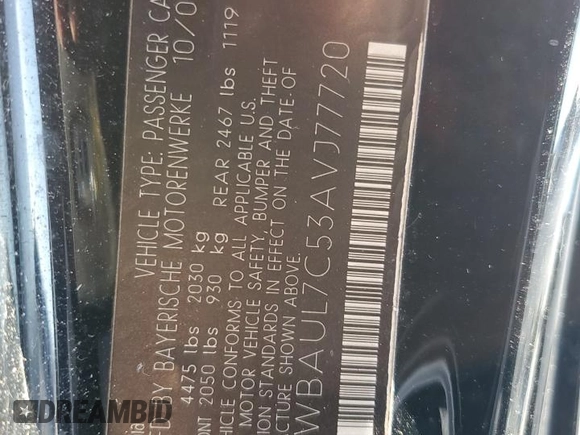 2010 BMW 1 Series 128i with VIN WBAUL7C53AVJ77720, listed as a Copart auction lot 45293735 with 102,004 mi miles and Salvage title. Bid and sale history available at DreamBid. Image 13.
