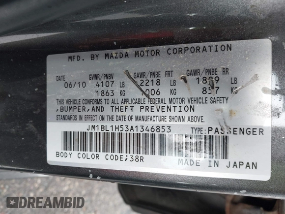 2010 Mazda 3 S Sport z VIN JM1BL1H53A1346853, wystawiony jako IAAI lot #42289085 z przebiegiem 162 640 mil mil oraz . Historia ofert i sprzedaży dostępna na DreamBid. Obrazek 9.