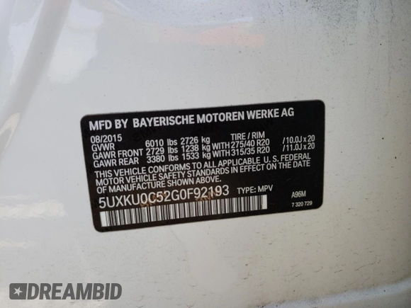 2016 BMW X6 sDrive35i with VIN 5UXKU0C52G0F92193, listed as a Copart auction lot 41029243 with 225,982 mi miles. Bid and sale history available at carsss.com. Image 12.