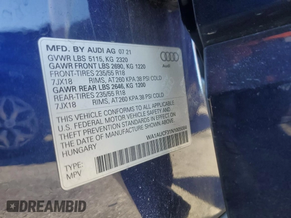 2022 Audi Q3 Premium with VIN WA1AUCF31N1005084, listed as a Copart auction lot 86450304 with 33,088 mi miles and Salvage Title. Bid and sale history available at carsss.com. Image 14.