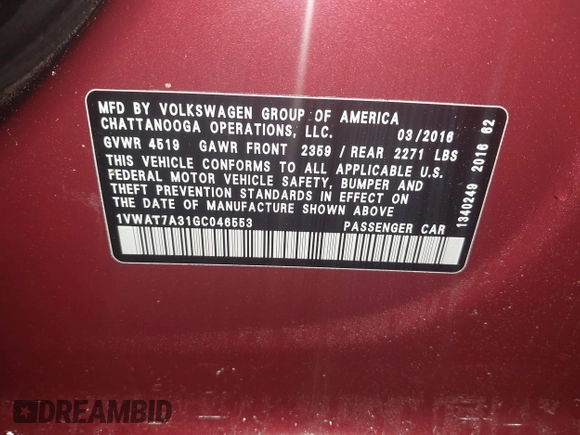 2016 Volkswagen Passat S with VIN 1VWAT7A31GC046553, listed as a IAAI auction lot 41969421 with 106,821 mi miles and . Bid and sale history available at DreamBid. Image 9.