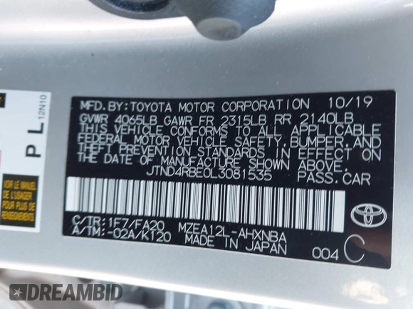 2020 Toyota Corolla Hatchback SE with VIN JTND4RBE0L3081535, listed as a IAAI auction lot 41721684 with 49,373 mi miles. Bid and sale history available at carsss.com. Image 9.