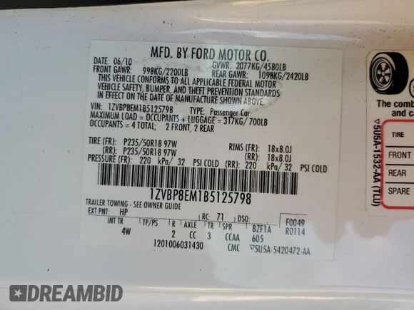 2011 Ford Mustang V6 with VIN 1ZVBP8EM1B5125798, listed as a Copart auction lot 41537645 with 71,635 mi miles and Salvage Title. Bid and sale history available at carsss.com. Image 14.