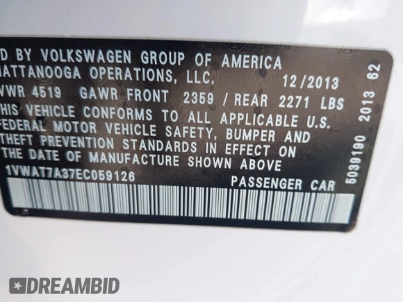 2014 Volkswagen Passat S z VIN 1VWAT7A37EC059126, wystawiony jako IAAI lot #42224824 z przebiegiem 81 455 mil mil oraz . Historia ofert i sprzedaży dostępna na DreamBid. Obrazek 9.