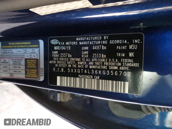 2019 Kia Optima S with VIN 5XXGT4L36KG356702, listed as a Copart auction lot 88163715 with 49,464 mi miles and Salvage Title. Bid and sale history available at carsss.com. Image 12.