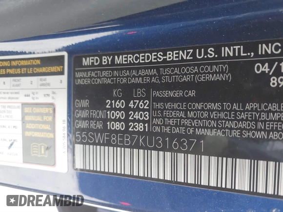 2019 Mercedes-Benz C 300 with VIN 55SWF8EB7KU316371, listed as a IAAI auction lot 41358436 with 78,239 mi miles and . Bid and sale history available at carsss.com. Image 9.