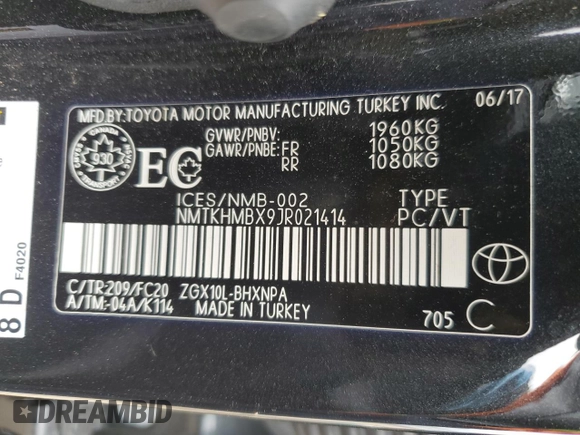 2018 Toyota C-HR XLE with VIN NMTKHMBX9JR021414, listed as a Copart auction lot 50321715 with Not Provided miles and Non Repairable. Bid and sale history available at DreamBid. Image 12.