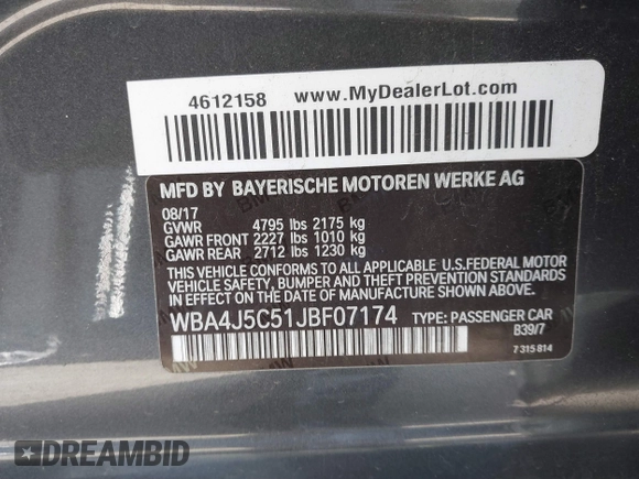 2018 BMW 4 Series 440i with VIN WBA4J5C51JBF07174, listed as a IAAI auction lot 41532904 with 63,745 mi miles and . Bid and sale history available at DreamBid. Image 9.