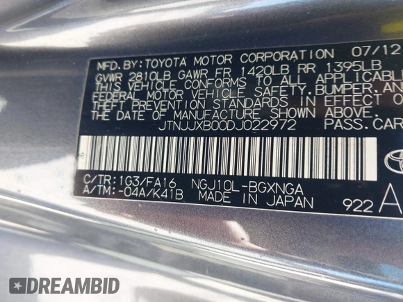 2013 Scion iQ z VIN JTNJJXB00DJ022972, wystawiony jako IAAI lot #41841135 z przebiegiem 105 096 mil mil oraz . Historia ofert i sprzedaży dostępna na DreamBid. Obrazek 9.