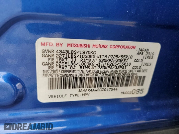 2016 Mitsubishi Outlander SEL with VIN JA4AR4AW3GZ047544, listed as a Copart auction lot 54707295 with 138,283 mi miles and Clean title. Bid and sale history available at DreamBid. Image 13.