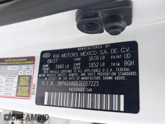 2018 Kia Rio LX with VIN 3KPA24AB8JE057223, listed as a IAAI auction lot 41705738 with 97,674 mi miles. Bid and sale history available at carsss.com. Image 9.