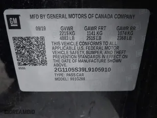 2020 Chevrolet Impala Premier with VIN 2G1105S39L9105910, listed as a IAAI auction lot 41151687 with 72,674 mi miles. Bid and sale history available at carsss.com. Image 9.