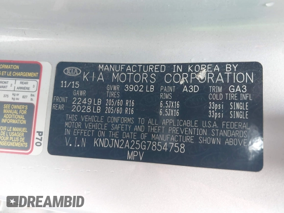 2016 Kia Soul with VIN KNDJN2A25G7854758, listed as a IAAI auction lot 41799113 with 87,196 mi miles and . Bid and sale history available at DreamBid. Image 9.