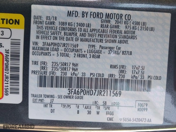 2018 Ford Fusion SE with VIN 3FA6P0HD7JR211569, listed as a IAAI auction lot 41792146 with 187,505 mi miles. Bid and sale history available at carsss.com. Image 9.