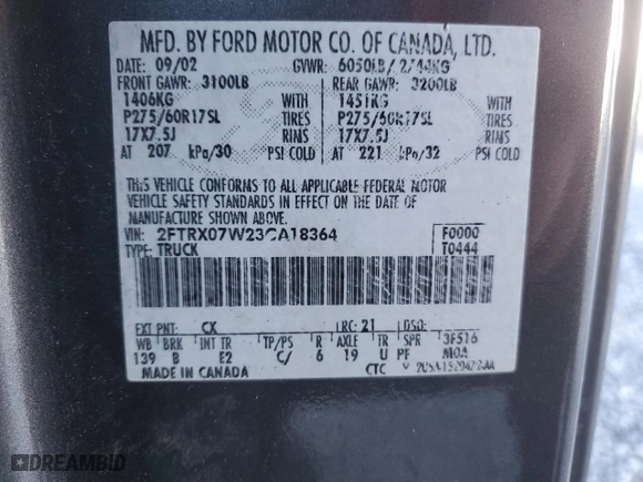 2003 Ford F-150 XL with VIN 2FTRX07W23CA18364, listed as a Copart auction lot 88948485 with 0 mi miles and Non Repairable. Bid and sale history available at carsss.com. Image 12.