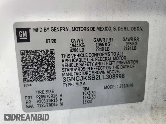 2020 Chevrolet Trax LS with VIN 3GNCJKSB2LL308998, listed as a Copart auction lot 63072775 with 99,702 mi miles and Clean title. Bid and sale history available at DreamBid. Image 13.
