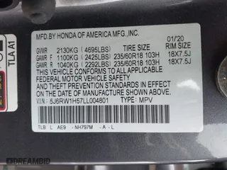 2020 Honda CR-V EX with VIN 5J6RW1H57LL004801, listed as a IAAI auction lot 41238043 with 70,997 mi miles. Bid and sale history available at carsss.com. Image 9.