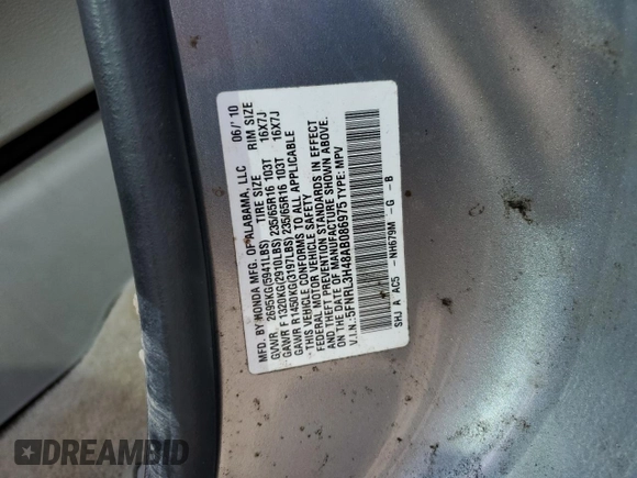 2010 Honda Odyssey EX with VIN 5FNRL3H48AB086975, listed as a Copart auction lot 60258265 with 184,344 mi miles and Salvage title. Bid and sale history available at DreamBid. Image 14.