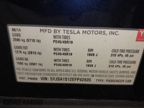 2014 Tesla Model S 60 with VIN 5YJSA1S12EFP42605, listed as a IAAI auction lot 40905031 with 68,155 mi miles and . Bid and sale history available at DreamBid. Image 9.