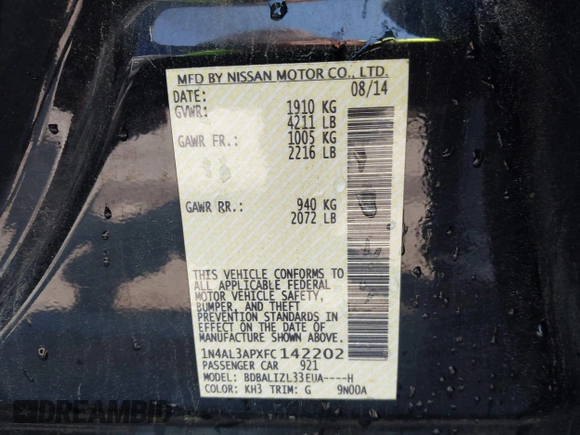 2015 Nissan Altima S with VIN 1N4AL3APXFC142202, listed as a IAAI auction lot 42107010 with 188,447 mi miles and . Bid and sale history available at DreamBid. Image 9.