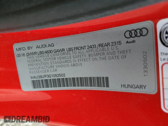 2016 Audi A3 2.0T Premium Plus with VIN WAU38LFF3G1092502, listed as a Copart auction lot 69769664 with 82,038 mi miles and Salvage Title. Bid and sale history available at carsss.com. Image 12.