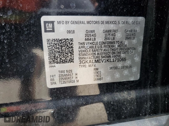 2019 GMC Terrain SLE with VIN 3GKALMEV1KL171065, listed as a Copart auction lot 54827825 with 78,954 mi miles and Clean title. Bid and sale history available at DreamBid. Image 12.