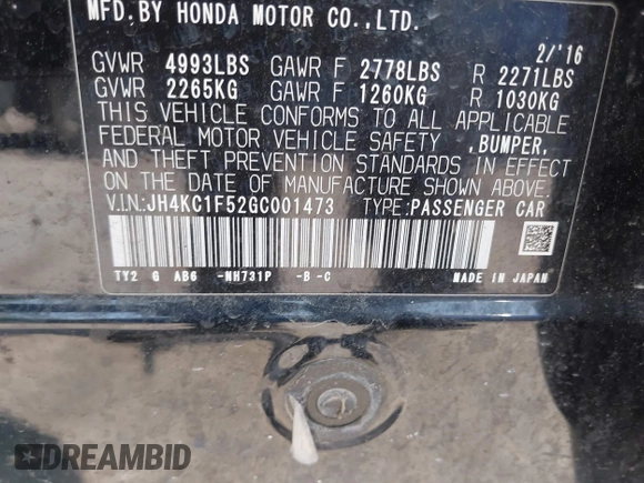 2016 Acura RLX Technology with VIN JH4KC1F52GC001473, listed as a IAAI auction lot 42492249 with 158,802 mi miles and . Bid and sale history available at DreamBid. Image 9.