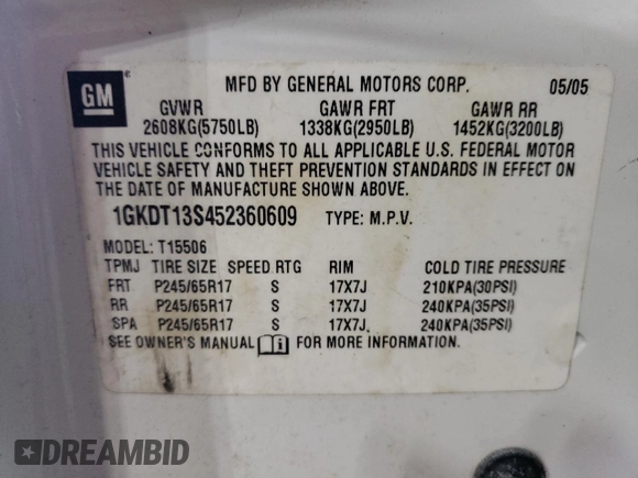 2005 GMC Envoy SLE z VIN 1GKDT13S452360609, wystawiony jako Copart lot #56188495 z przebiegiem 180 046 mil mil oraz Szkoda całkowita • Salvage title. Historia ofert i sprzedaży dostępna na DreamBid. Obrazek 13.