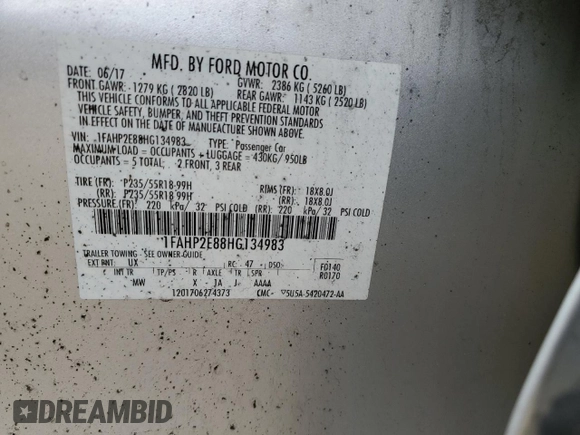 2017 Ford Taurus SEL with VIN 1FAHP2E88HG134983, listed as a Copart auction lot 43111015 with 107,121 mi miles and Non Repairable. Bid and sale history available at DreamBid. Image 14.