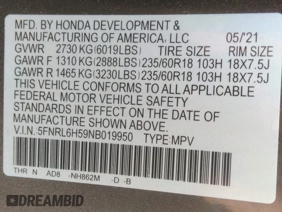 2022 Honda Odyssey EX with VIN 5FNRL6H59NB019950, listed as a IAAI auction lot 42070655 with 24,863 mi miles and . Bid and sale history available at DreamBid. Image 9.