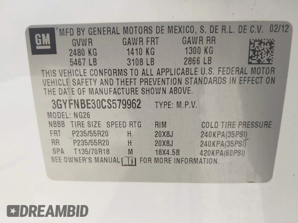 2012 Cadillac SRX Performance Collection с VIN 3GYFNBE30CS579962, выставлен на аукционе IAAI как лот 42576451 с пробегом 254 080 миль миль и . История ставок и продаж доступна на DreamBid. Изображение 9.