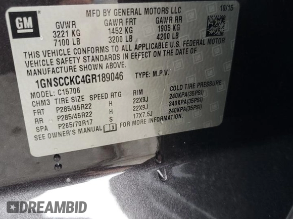 2016 Chevrolet Tahoe LTZ with VIN 1GNSCCKC4GR189046, listed as a Copart auction lot 55443015 with Not provided miles and Salvage title. Bid and sale history available at DreamBid. Image 13.