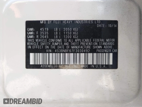 2015 Subaru Legacy Premium with VIN 4S3BNBF67F3030492, listed as a IAAI auction lot 42710100 with 126,849 mi miles and . Bid and sale history available at DreamBid. Image 9.