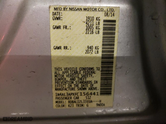 2015 Nissan Altima 2.5 SL with VIN 1N4AL3APXFC156441, listed as a Copart auction lot 47314765 with 116,178 mi miles and Non Repairable. Bid and sale history available at carsss.com. Image 12.