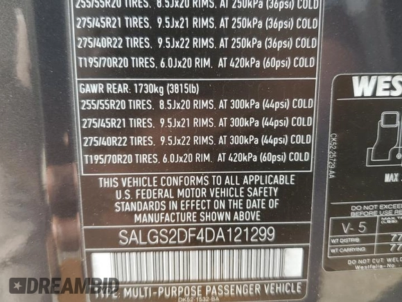 2013 Land Rover Range Rover HSE z VIN SALGS2DF4DA121299, wystawiony jako Copart lot #62839534 z przebiegiem 104 531 mil mil oraz Szkoda całkowita • Salvage title. Historia ofert i sprzedaży dostępna na DreamBid. Obrazek 13.