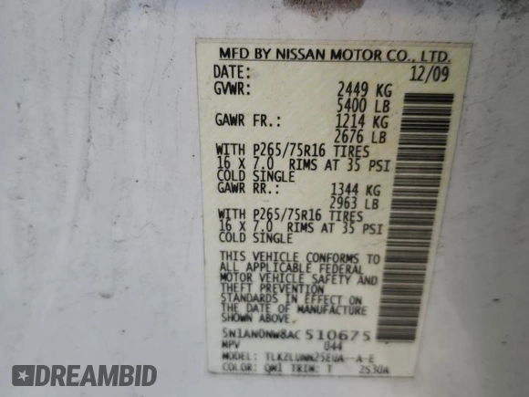 2010 Nissan Xterra S z VIN 5N1AN0NW8AC510675, wystawiony jako Copart lot #55836115 z przebiegiem Nie podano mil oraz Czysty tytuł • Clean title. Historia ofert i sprzedaży dostępna na DreamBid. Obrazek 13.