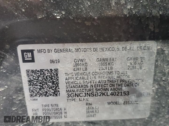 2019 Chevrolet Trax LS with VIN 3GNCJNSB2KL402153, listed as a Copart auction lot 54416695 with 41,249 mi miles and Salvage Title. Bid and sale history available at DreamBid. Image 13.